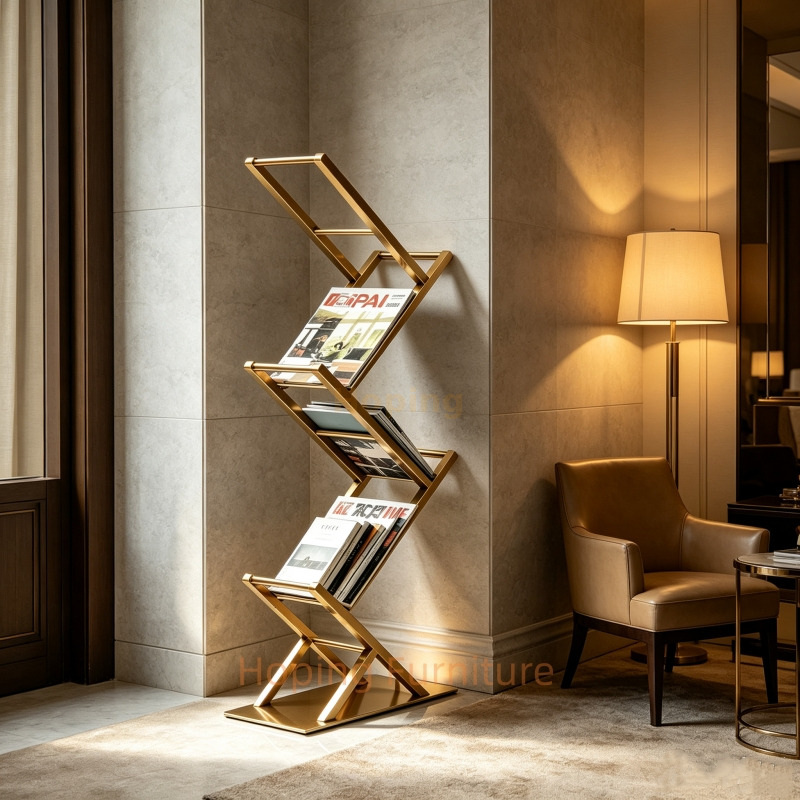 Gold Metal Z Shaped Magazine Rack File Shelf Modern Floor Book Display Stand for Living Room Airport Lobby Hotel Office Corner Office Bookcase