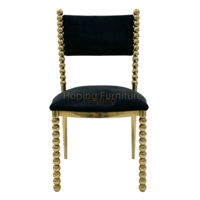 Luxury Wedding Banquet Dining Chair Gold Beaded Metal Frame Black Velvet Upholstered Event Chair for Hotel Restaurant Wholesale Stainless Steel Wedding Chair