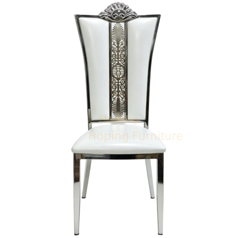 Hotel Restaurant Dining Chair with Iron Frame Wedding Banquet Chair Ornate Carved High Back Event Chair White PU Decorative Wedding Chair
