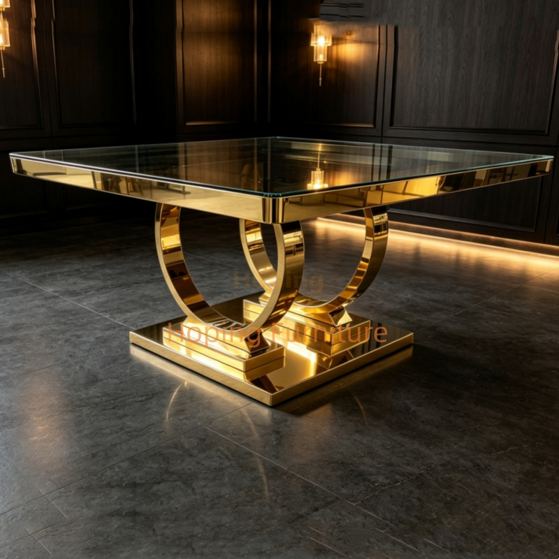 Premium Square Dining Table Dual Curved Arch Gold Stainless Steel Support Base for Luxury Hotel Banquet Wedding Function Event Restaurant Dining Table for Sale