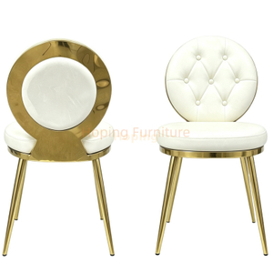Gold Stainless Steel Dining Chair with Unique Hollow Round Back Frame White Velvet Upholstered Banquet Event Chair White Wedding Dining Chair