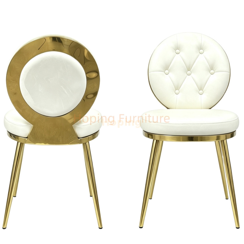 Gold Stainless Steel Dining Chair with Unique Hollow Round Back Frame White Velvet Upholstered Banquet Event Chair White Wedding Dining Chair