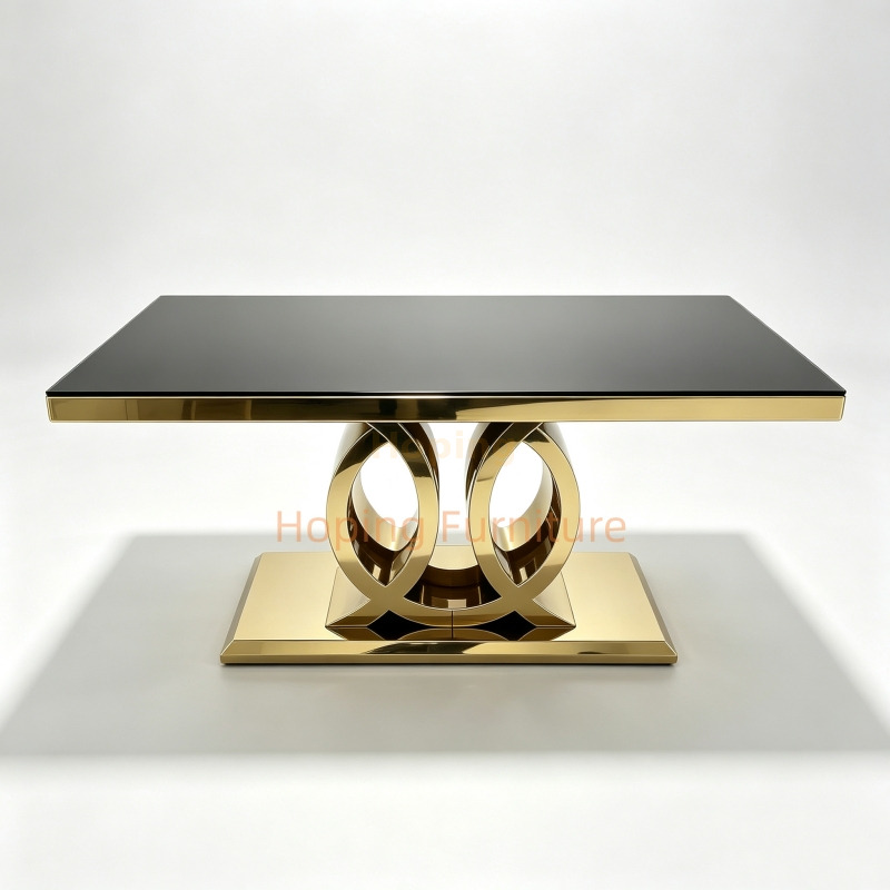Modern Living Room Hotel Furniture Luxury Gold Stainless Steel Dining Table Black Glass Top Artistic Hollow Metal Base for Wedding Banquet Hotel