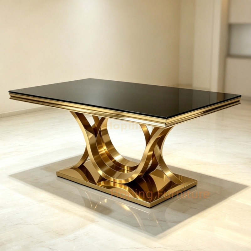 Modern Luxury Black Glass Rectangular Dining Table Shiny Gold Stainless Steel Twisted Interlocking Legs Restaurant Table for Wedding Hotel Home Use Table
