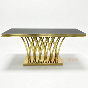Wholesale Rectangle Dining Table Black Glass Top Shiny Gold Stainless Steel Interlaced Curve Leg Banquet Table
