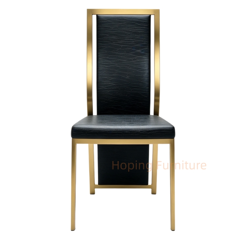 Tall High Back Dining Chairs Gold Stainless Steel Banquet Chairs Black Textured Upholstered Wedding Furniture Metal Leather Restaurant Chairs