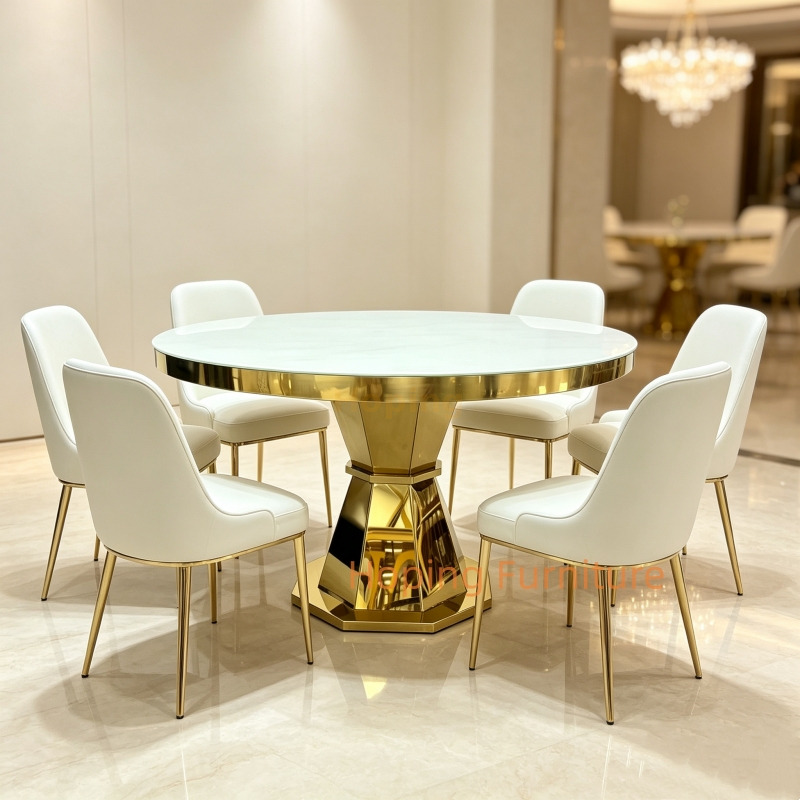 Gold Stainless Steel Round Wedding Table with Crystal Decoration Black Glass Top Event Banquet Table