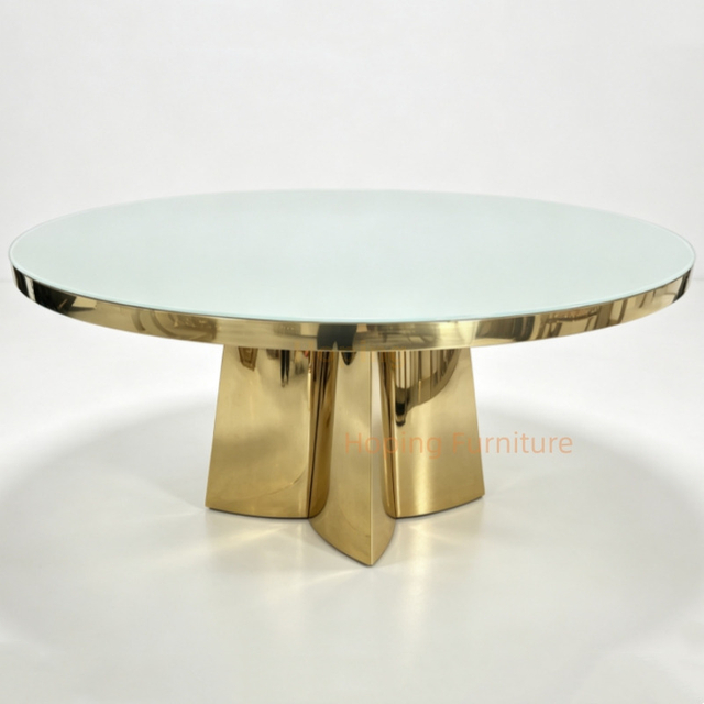 Luxury Round Dining Table Mirror Gold Stainless Steel Four-Petal Base Frosted Tempered Glass Top Modern Home Banquet Table