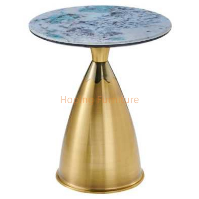 Golden Metal Cone Side Table Blue Stone Top Round Modern Coffee Table