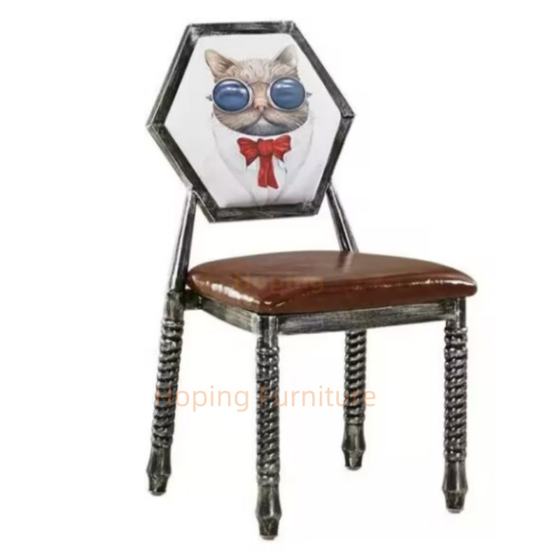 Vintage Hexagonal Printed Back PU Dining Chairs Antique Metal Leisure Furniture Cafe Milk Tea Shop Makeup Room Chairs