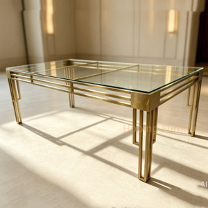 Modern 8FT Glass Top Banquet Table with Golden Stainless Steel Frame Wedding Rectangular Table Seats 12 Guests for Event Restaurant Dining Table