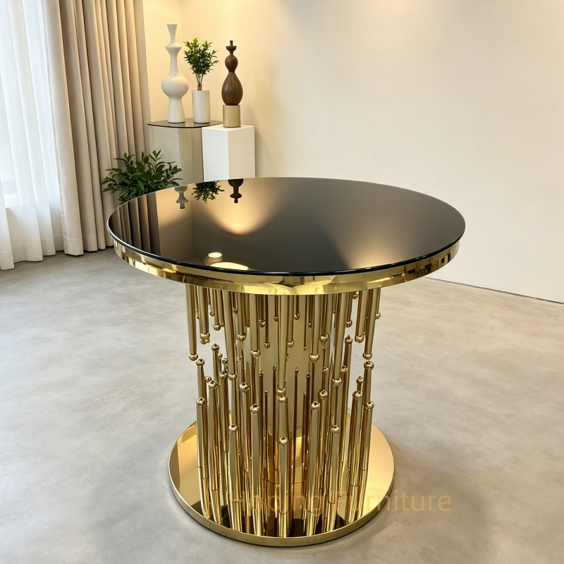 Luxury Round 2 Seater Dining Table for Home Hotel Banquet Events Round Cake Table Italy Gold Stainless Steel Black Glass Top Dining Table 80 Coffee Table