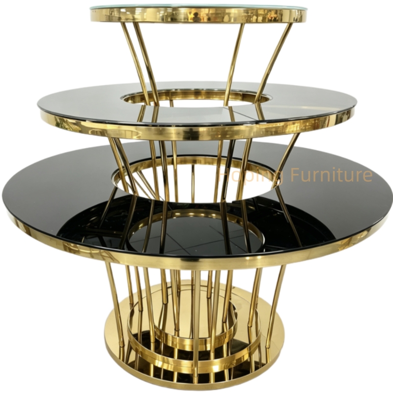 3 Tier Round Gold Stainless Steel Wedding Cake Table Black Glass Tiered Dessert Display Table with Floral Decor for Banquet Party Event Display Table