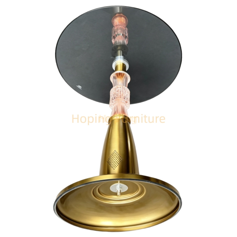 45cm Round Glass Top Side Table Gold Pedestal Base LED Glowing Column with Bluetooth Coffee Table Modern Tea Table
