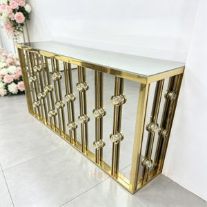 China Supplier Gold Stainless Steel Console Table with Crystal Luxur Wedding Hall Entryway Table Rectangle High Glass Top Dining Counter Club Bar Table