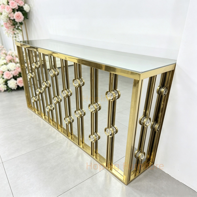 China Supplier Gold Stainless Steel Console Table with Crystal Luxur Wedding Hall Entryway Table Rectangle High Glass Top Dining Counter Club Bar Table
