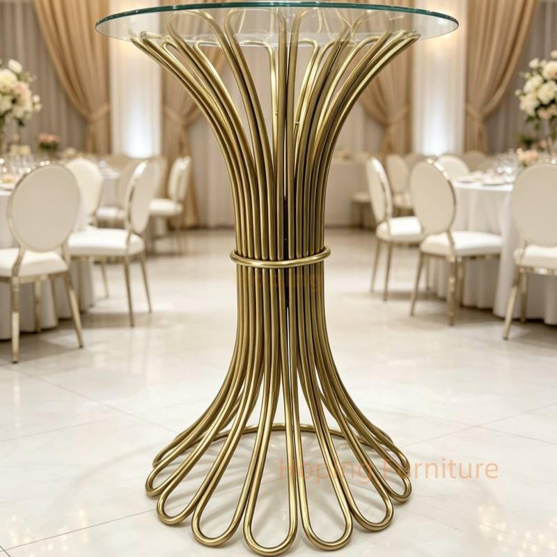 Luxury Round Black Glass High Cocktail Table with Golden Flower Shaped Metal Base Bar Table