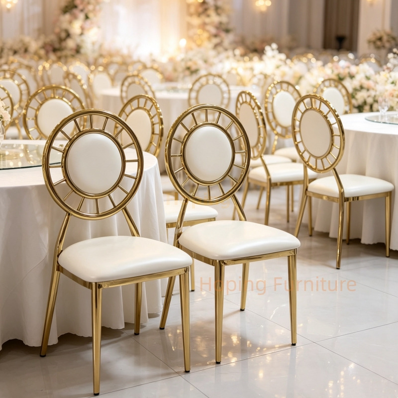 Luxury Sunburst Back Gold Iron Wedding Chair White PU Leather Round Event Chair for Banquet Hotel Party