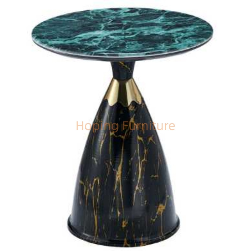 Modern Green Marble Top Black Gold Cone Base Side Table Round Dining Room Home Coffee Table