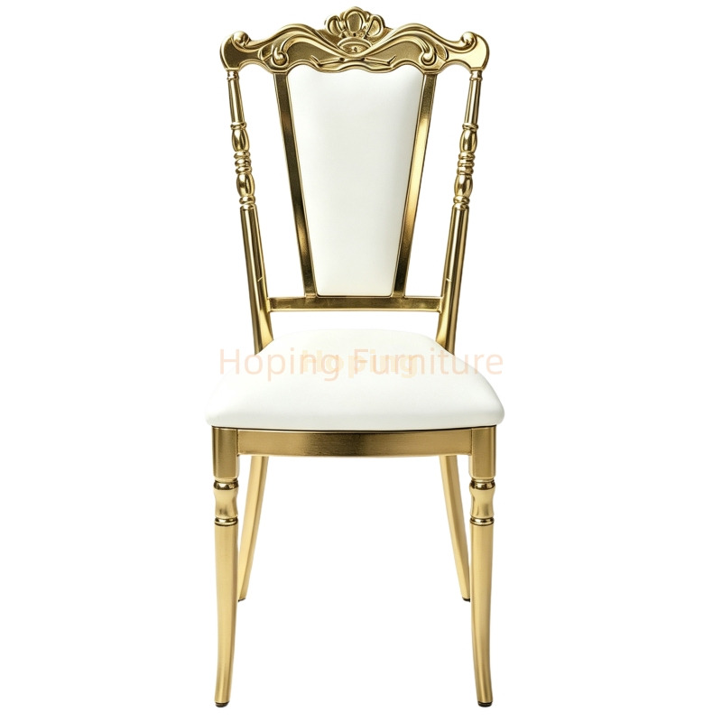Luxury Golden Carved Metal Wedding Chair with White Upholstery for Banquet Hotel Events Hotel Furniture Restaurant Chair Hot Sale Leather Iron Dining Chair