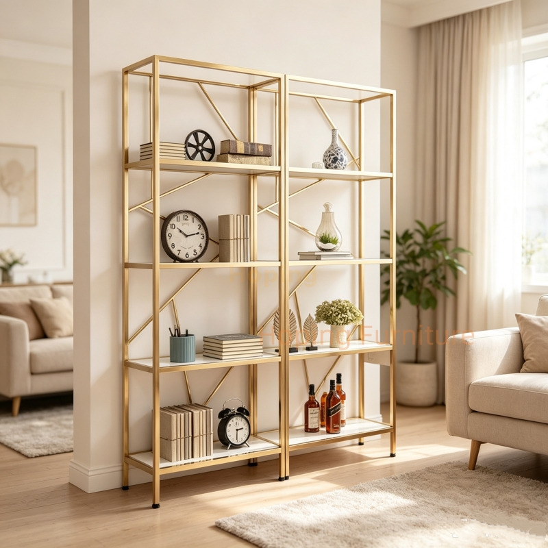 Gold Metal Z Shaped Magazine Rack File Shelf Modern Floor Book Display Stand for Living Room Airport Lobby Hotel Office Corner Office Bookcase
