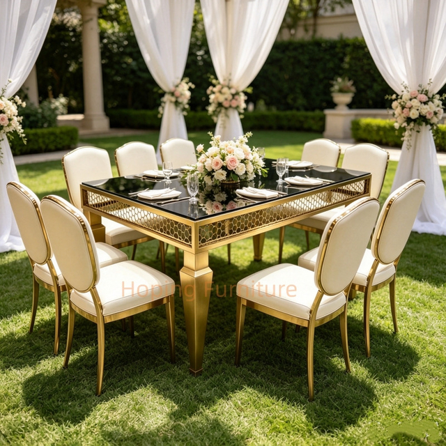 Gold Stainless Steel Square Dining Table 1.5m Black Glass Top Elegant Luxury Wedding Banquet Event Table