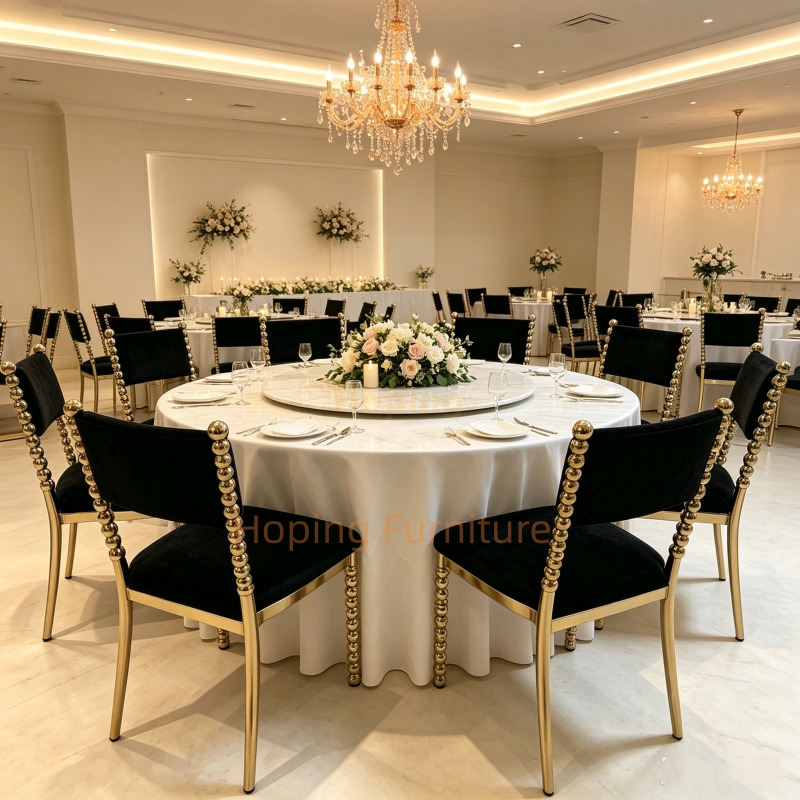 Luxury Wedding Banquet Dining Chair Gold Beaded Metal Frame Black Velvet Upholstered Event Chair for Hotel Restaurant Wholesale Stainless Steel Wedding Chair