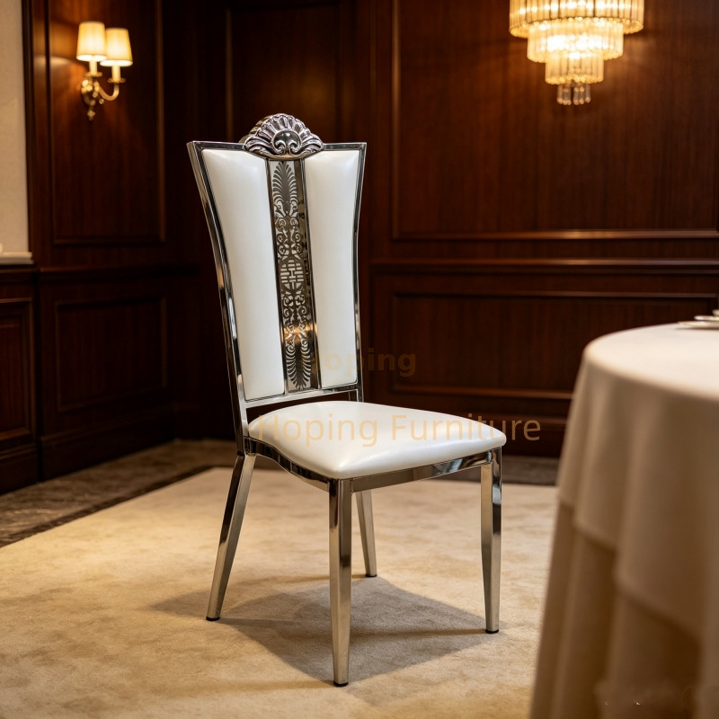 Hotel Restaurant Dining Chair with Iron Frame Wedding Banquet Chair Ornate Carved High Back Event Chair White PU Decorative Wedding Chair