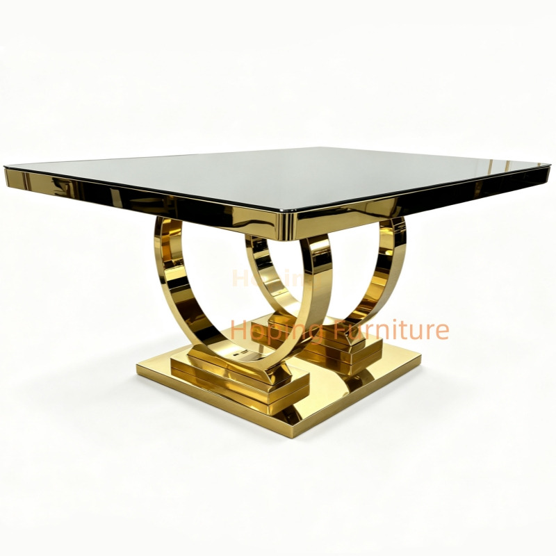 Premium Square Dining Table Dual Curved Arch Gold Stainless Steel Support Base for Luxury Hotel Banquet Wedding Function Event Restaurant Dining Table for Sale