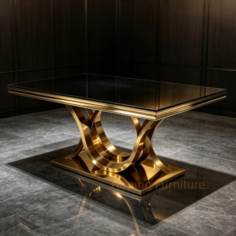 Modern Luxury Black Glass Rectangular Dining Table Shiny Gold Stainless Steel Twisted Interlocking Legs Restaurant Table for Wedding Hotel Home Use Table