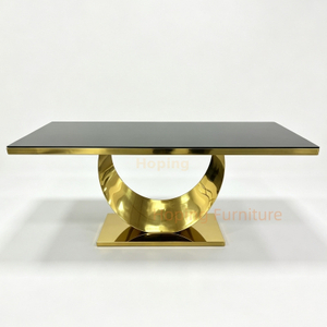 Modern Furniture Customized Foshan Supplier Factory Open Ring Gold Stand Black Glass Rectangular Luxury Dining Table