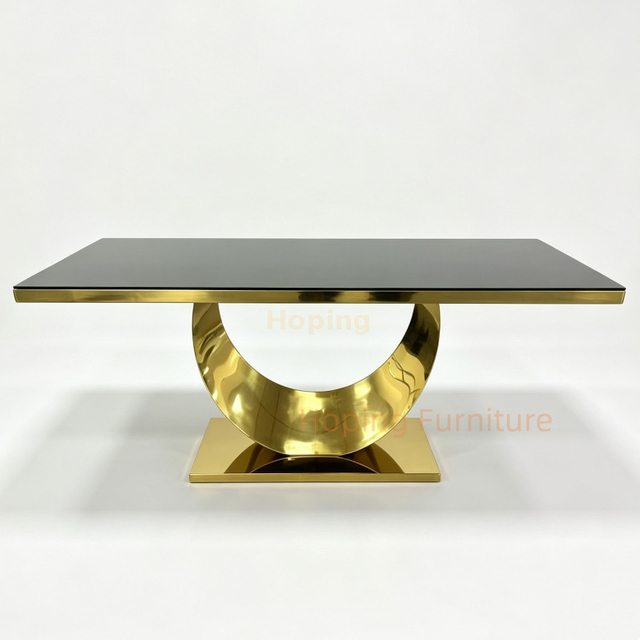 Modern Furniture Customized Foshan Supplier Factory Open Ring Gold Stand Black Glass Rectangular Luxury Dining Table