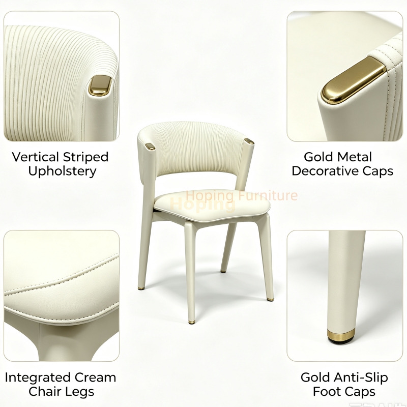 Cream PU Leather Dining Chair Vertical Striped Backrest Gold Decorative Accent Dining Side Chair Contemporary White PU Restaurant Chair
