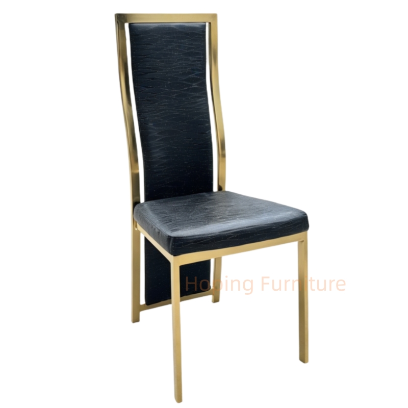 Tall High Back Dining Chairs Gold Stainless Steel Banquet Chairs Black Textured Upholstered Wedding Furniture Metal Leather Restaurant Chairs