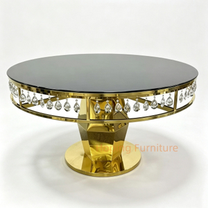 Gold Stainless Steel Round Wedding Table with Crystal Decoration Black Glass Top Event Banquet Table