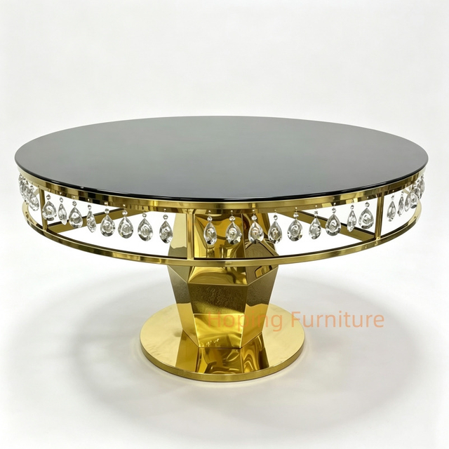 Gold Stainless Steel Round Wedding Table with Crystal Decoration Black Glass Top Event Banquet Table