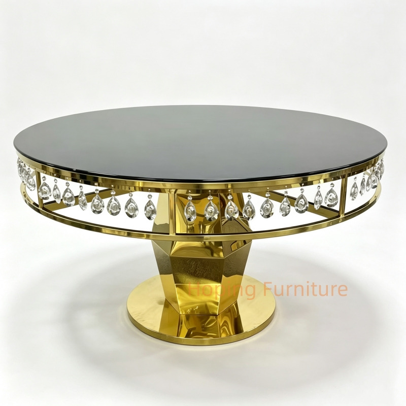 Gold Stainless Steel Round Wedding Table with Crystal Decoration Black Glass Top Event Banquet Table