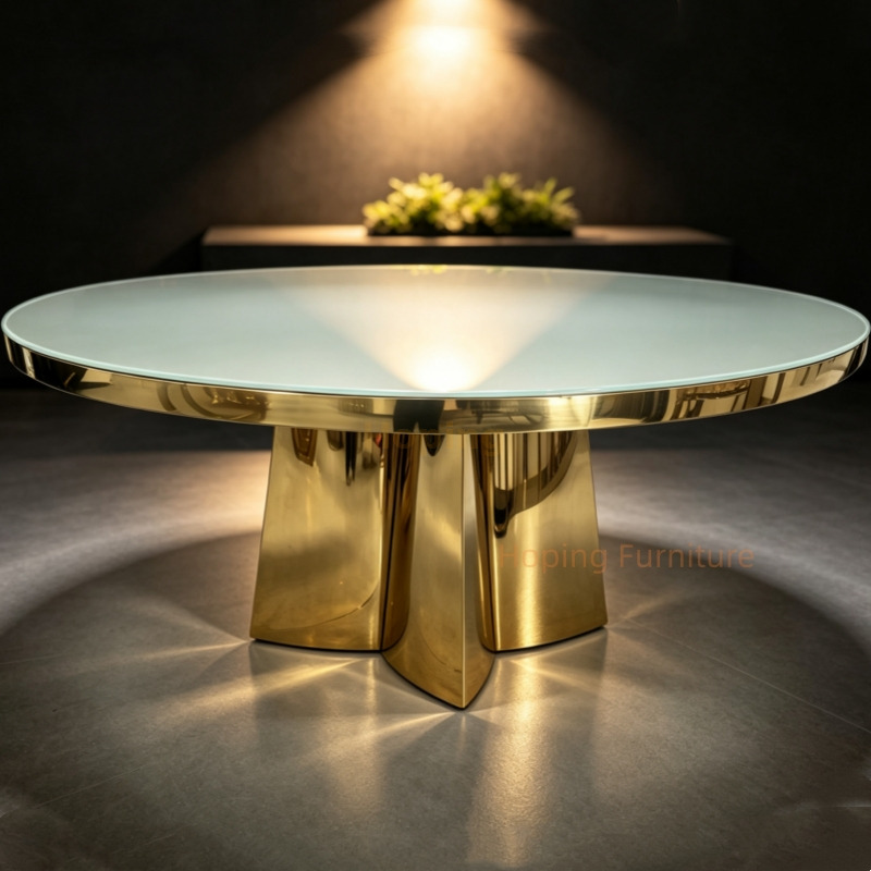 Luxury Round Dining Table Mirror Gold Stainless Steel Four-Petal Base Frosted Tempered Glass Top Modern Home Banquet Table
