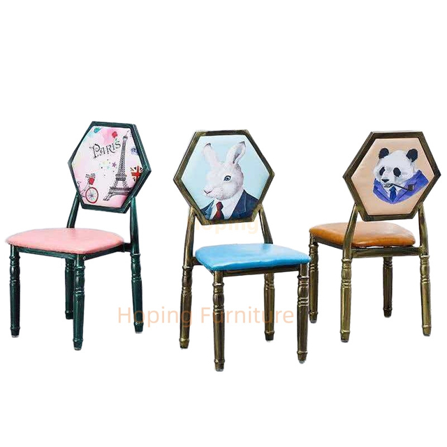 Vintage Hexagonal Printed Back PU Dining Chairs Antique Metal Leisure Furniture Cafe Milk Tea Shop Makeup Room Chairs