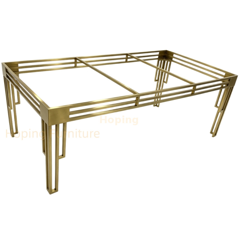 Modern 8FT Glass Top Banquet Table with Golden Stainless Steel Frame Wedding Rectangular Table Seats 12 Guests for Event Restaurant Dining Table