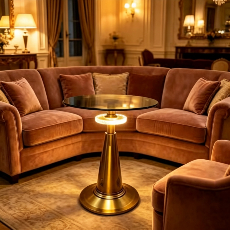 Elegant MID Century Low Round Glass Top Coffee Table for Stylish Homes Event Illuminated Bluetooth Music Cocktail Table End Table
