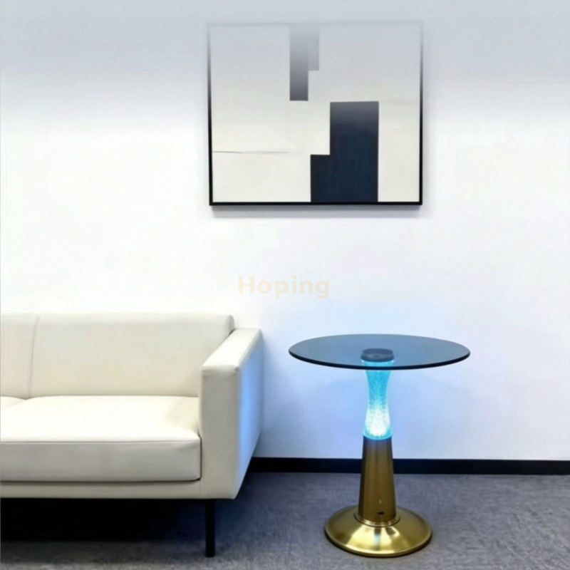 Modern Metal Living Room Sofa Table Bottle Shape Golden Metal Round Glass End Table with LED Light & Bluetooth Speaker Black Glass Coffee Table