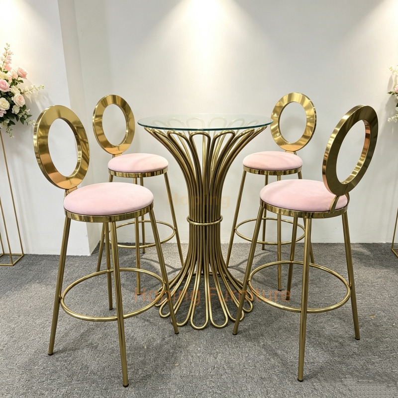 Luxury Round Black Glass High Cocktail Table with Golden Flower Shaped Metal Base Bar Table