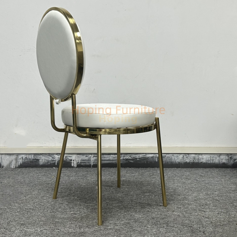 Round Back PU Leather Dining Chair Gold Metal Frame Luxury Wedding Event Side Chair Banquet Graceful Round Cushion Wedding Chair