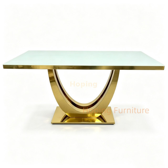 Modern Hotel Restaurant Home Dining Table with White Glass Top and Double U Shape Polished Golden Stainless Steel Structure 8 Person Table