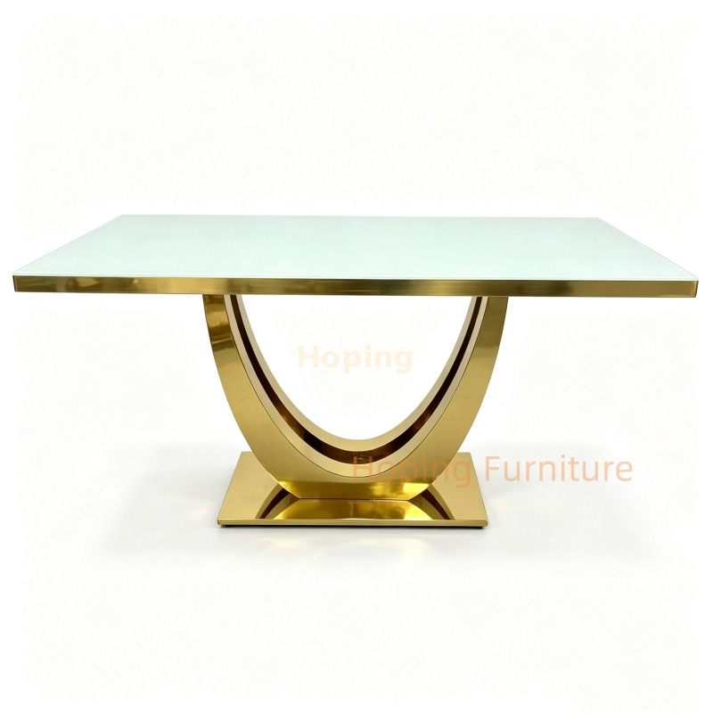 Modern Hotel Restaurant Home Dining Table with White Glass Top and Double U Shape Polished Golden Stainless Steel Structure 8 Person Table