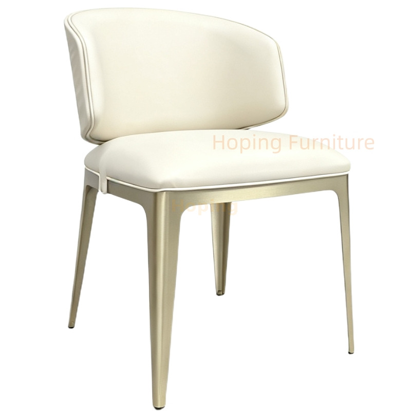 Modern Upholstered Dining Chair Champagne Gold Metal Leg Cream PU Leather Side Chair Stainless Steel White Leather Dining Chair for Hotels