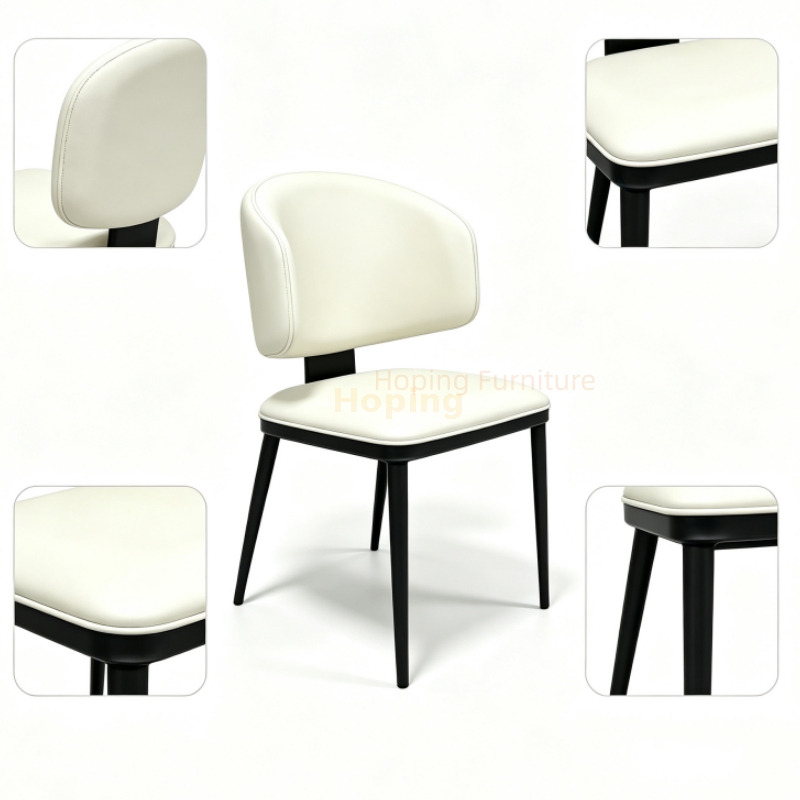 Modern Cream PU Leather Dining Chair Black Metal Legs Curved Split Back Restaurant Hotel Side Chair