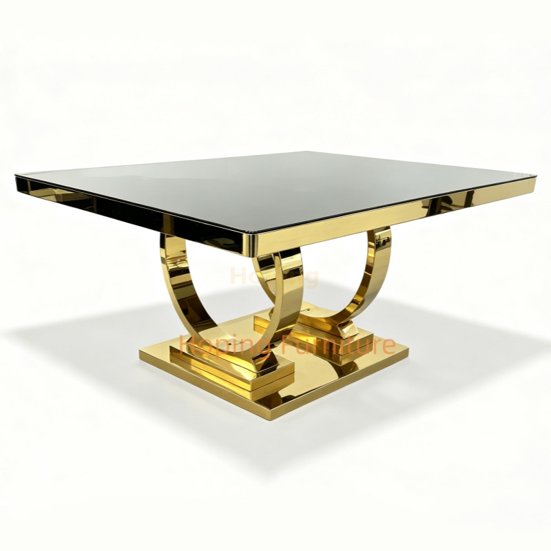 Premium Square Dining Table Dual Curved Arch Gold Stainless Steel Support Base for Luxury Hotel Banquet Wedding Function Event Restaurant Dining Table for Sale