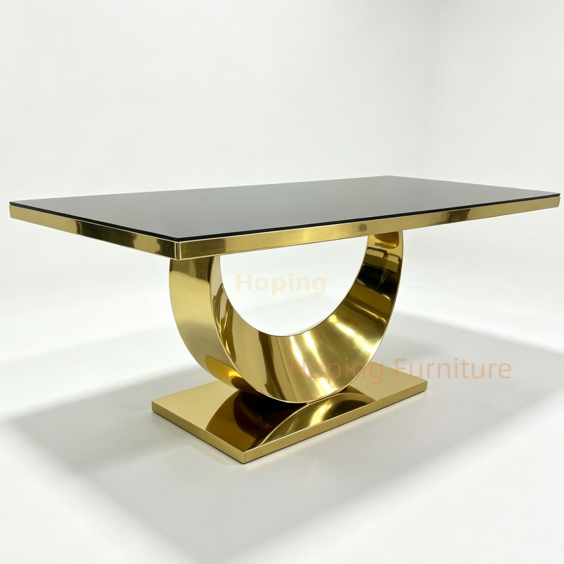 Modern Furniture Customized Foshan Supplier Factory Open Ring Gold Stand Black Glass Rectangular Luxury Dining Table